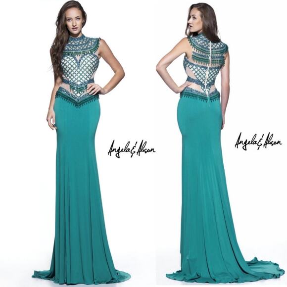 NWT Angela & Alison Emerald Green & Nude Beaded Gown, Style # 51027, Sz 6 - Picture 1 of 12